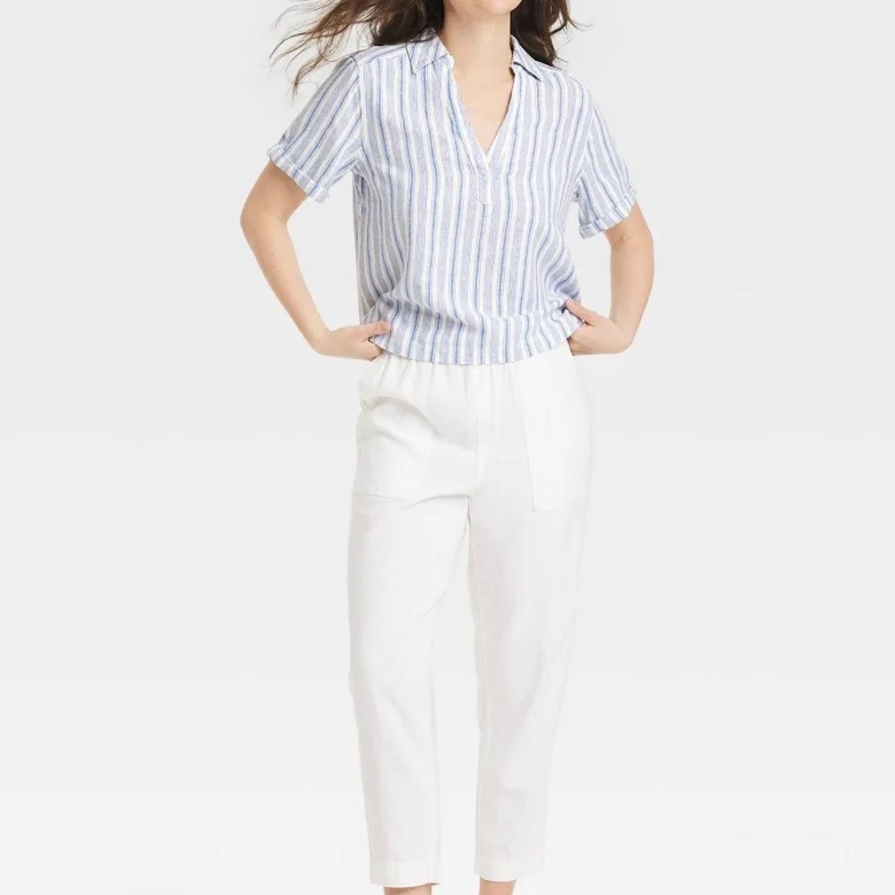 Universal Thread Women's Relaxed Fit Linen Rayon Blend Popover Blouse - Picture 2 of 5